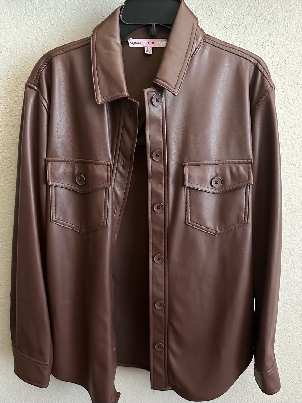 Crave Fame Brown Faux Leather Button-Front Shirt Jacket